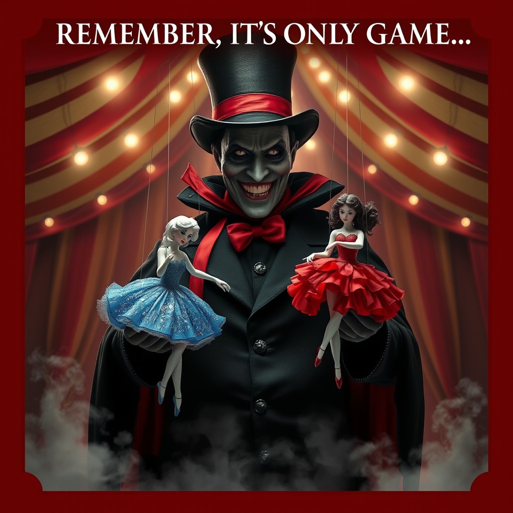 A mysterious showman in a shadowy top hat and a red ribbon cloak stands center-stage under striped circus lights