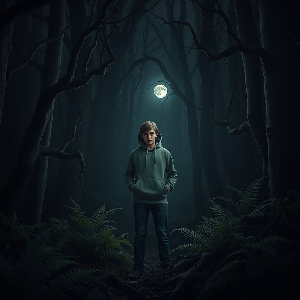 A hyper-realistic portrayal of a teenager standing alone in dark woods