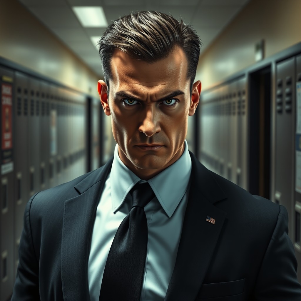 A hyper-realistic image of a male high school principal standing in a school hallway