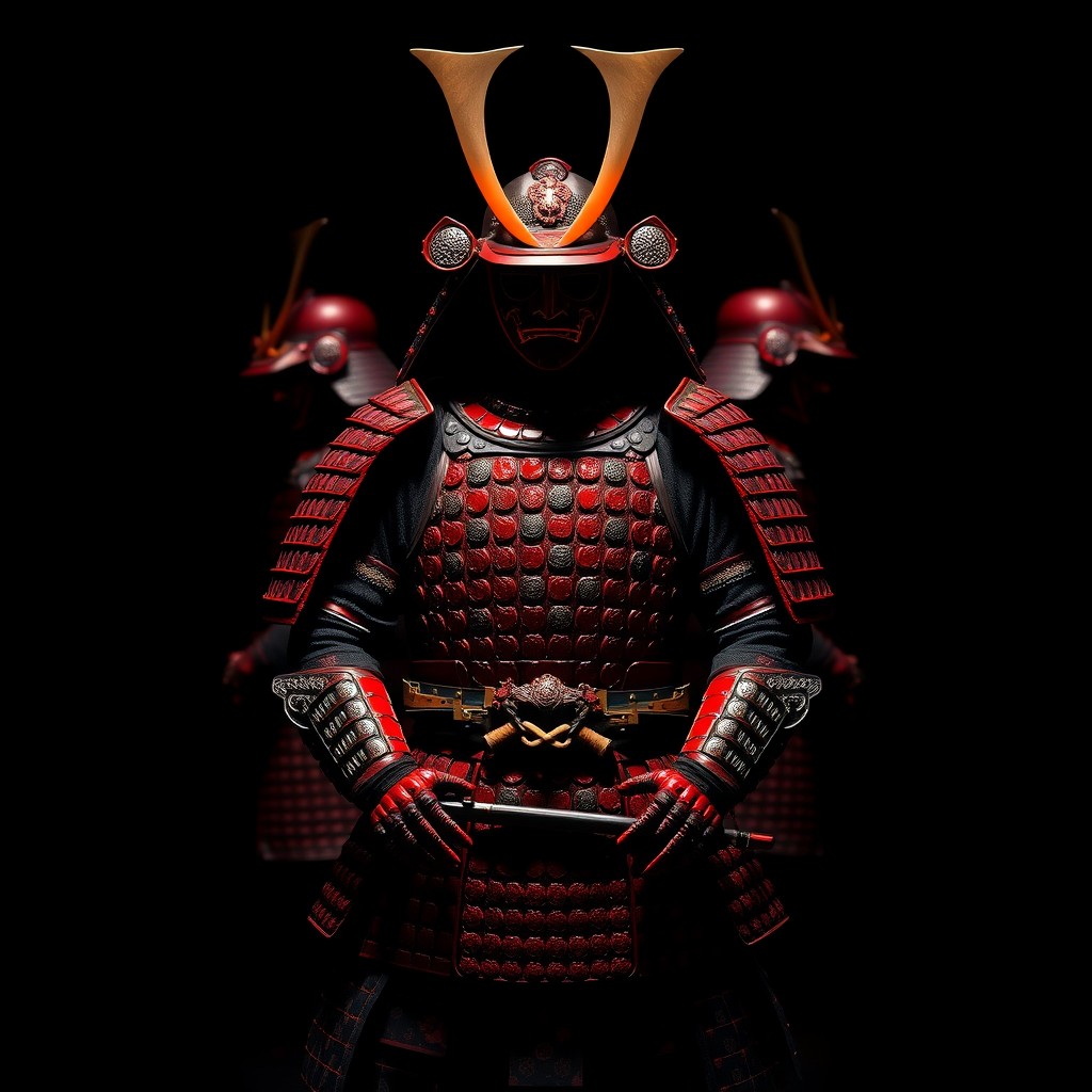 A stunning display of dark red samurai armor, intricately designed and set against a deep black background, highlighting the armor's details