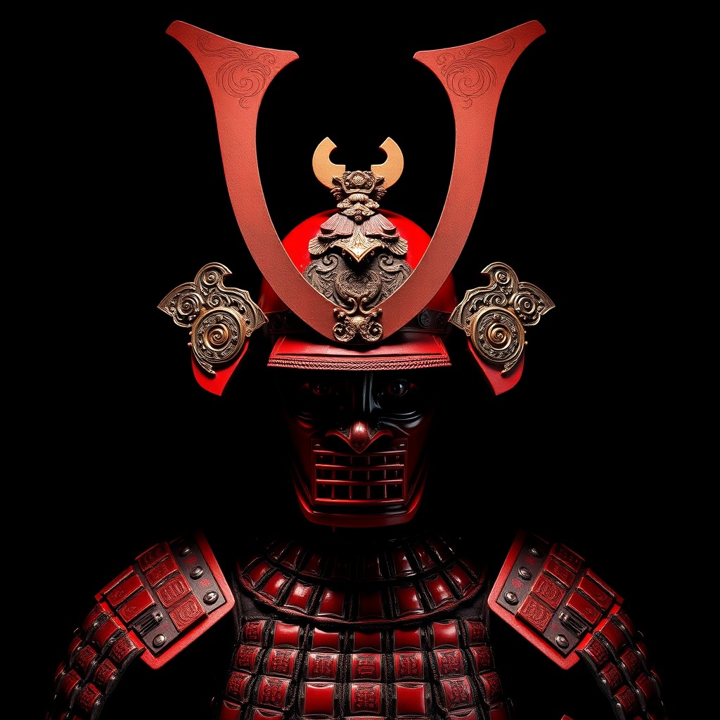 A stunning display of dark red samurai armor, intricately designed with a unique, elaborate headgear featuring a menpo (faceplate) and a horned kabuto (helmet) that symbolizes strength and valor