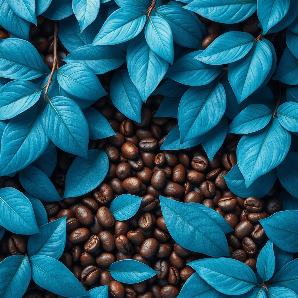 An artistic representation featuring ocean blue colors with a mixture of leaves and coffee beans in the background