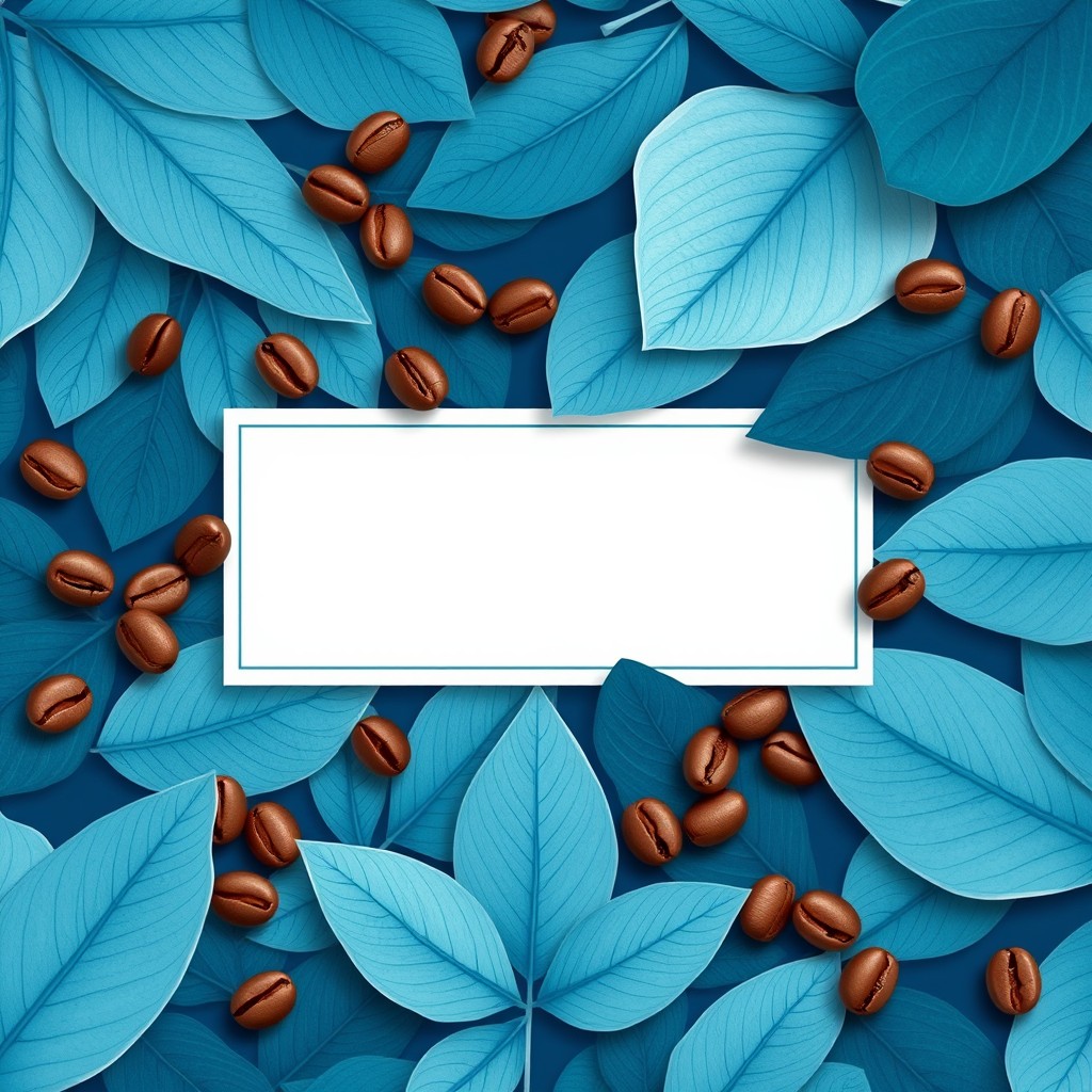 A beautiful card design featuring ocean blue colors, with a background of leafy patterns, incorporating coffee beans artfully scattered throughout