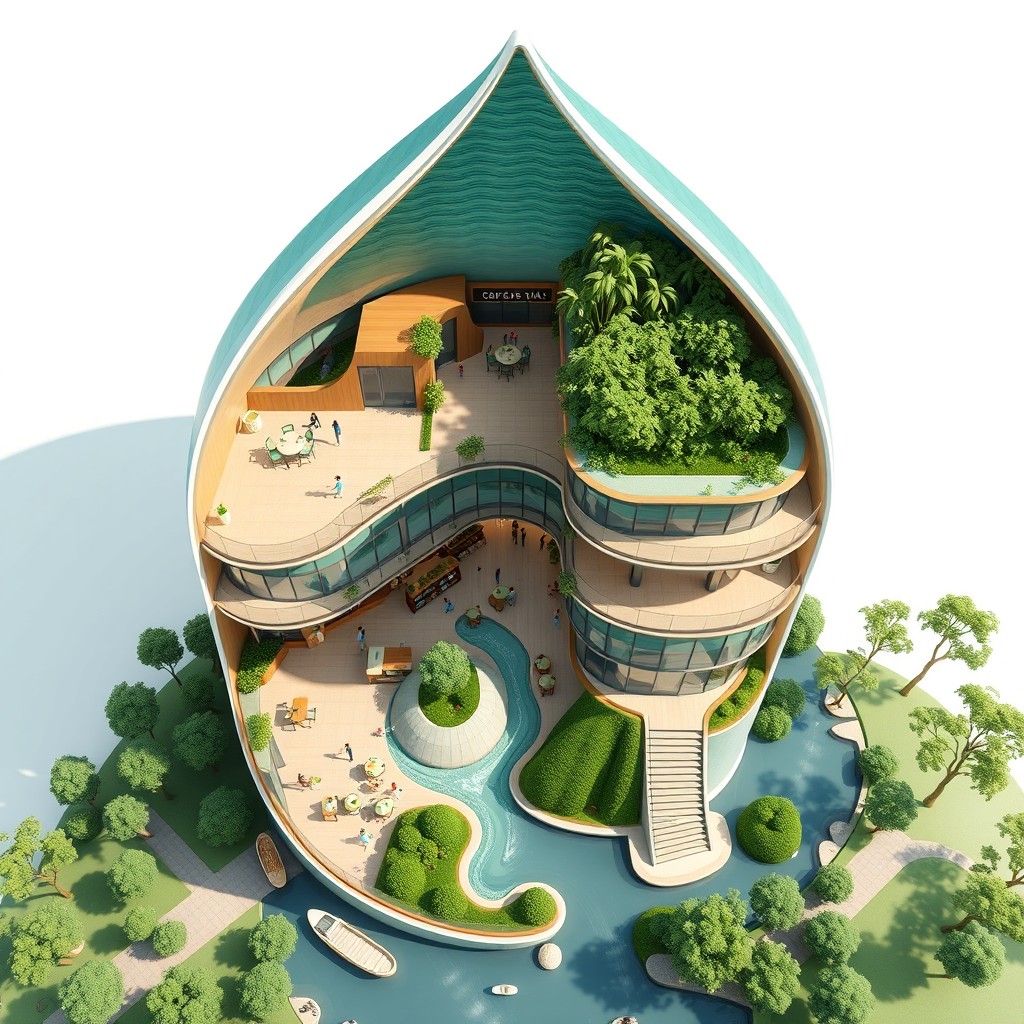 A stunning architectural illustration showcasing a three-storey organic green building, inspired by the flow of a river and the shape of a water droplet