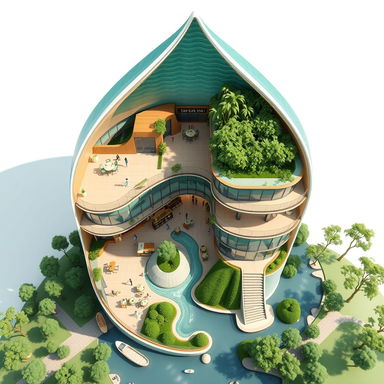 A stunning architectural illustration showcasing a three-storey organic green building, inspired by the flow of a river and the shape of a water droplet