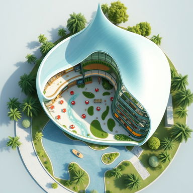 A stunning architectural illustration showcasing a three-storey organic green building, inspired by the flow of a river and the shape of a water droplet