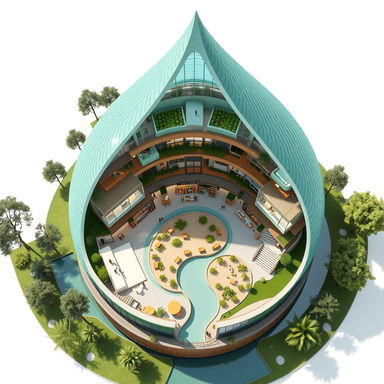 A stunning architectural illustration showcasing a three-storey organic green building, inspired by the flow of a river and the shape of a water droplet
