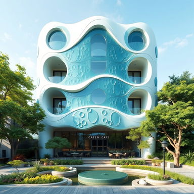 An artistic rendering focusing on the front facade of a three-storey organic green building, inspired by river flow and water droplets