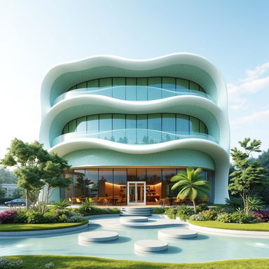 An artistic rendering focusing on the front facade of a three-storey organic green building, inspired by river flow and water droplets