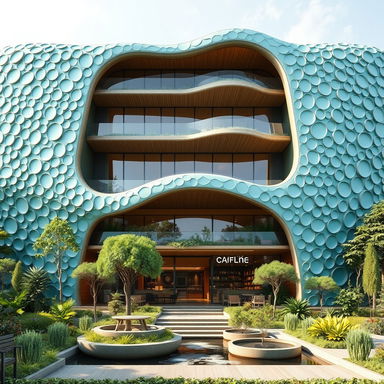 An artistic rendering focusing on the front facade of a three-storey organic green building, inspired by river flow and water droplets