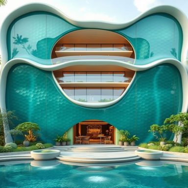An artistic rendering focusing on the front facade of a three-storey organic green building, inspired by river flow and water droplets