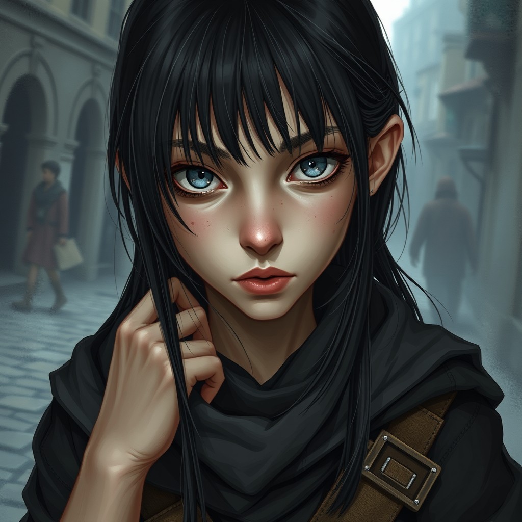A young rogue living in Waterdeep, depicting a 15-year-old character who is thin with pale skin and a number of small scars visible on her arms and face, showcasing the hardships of street life