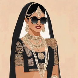 Animated image of a South Asian (Desi) bride in traditional wedding attire, sporting black sunglasses for a modern twist.