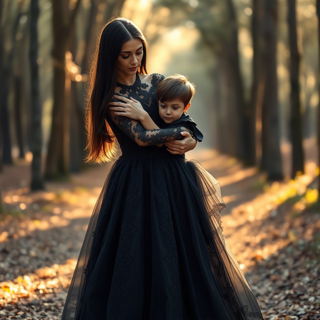A beautiful woman styled exactly like in the second image, wearing a stunning and intricate dark gown that mirrors the exact design shown