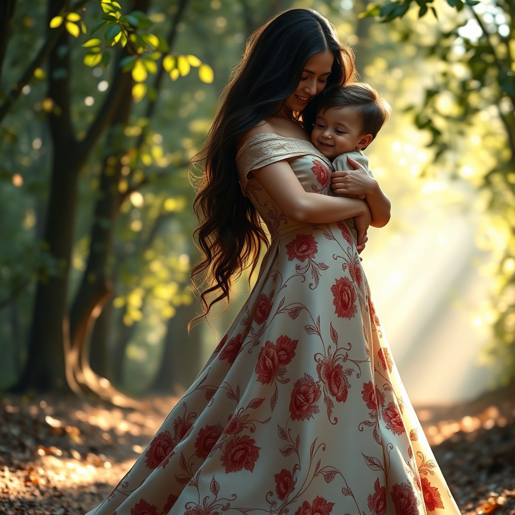 A graceful woman styled precisely like in the second image, with long, flowing dark hair and wearing an elegant, form-fitting gown featuring rich floral patterns similar to those in the reference image
