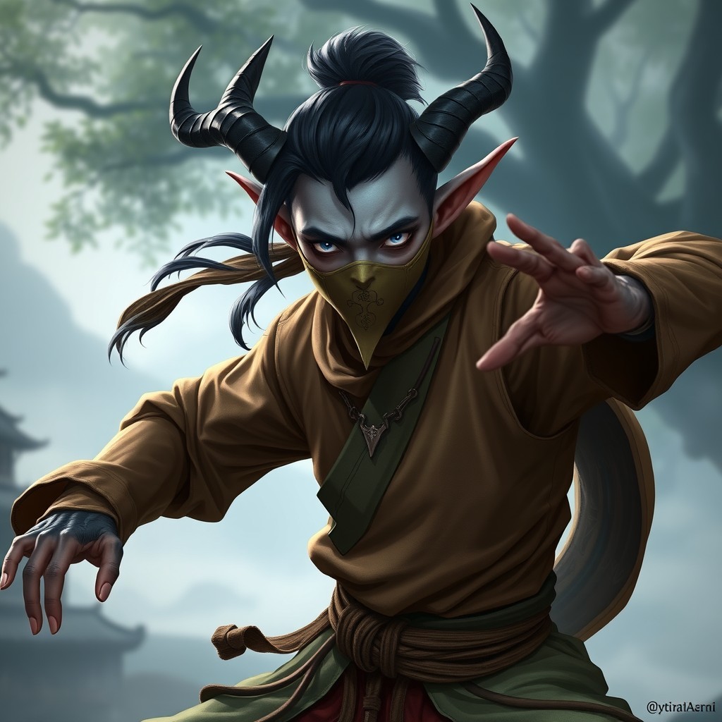 An androgynous tiefling monk with striking dark blue eyes, dressed in a unique combination of a brown and green outfit