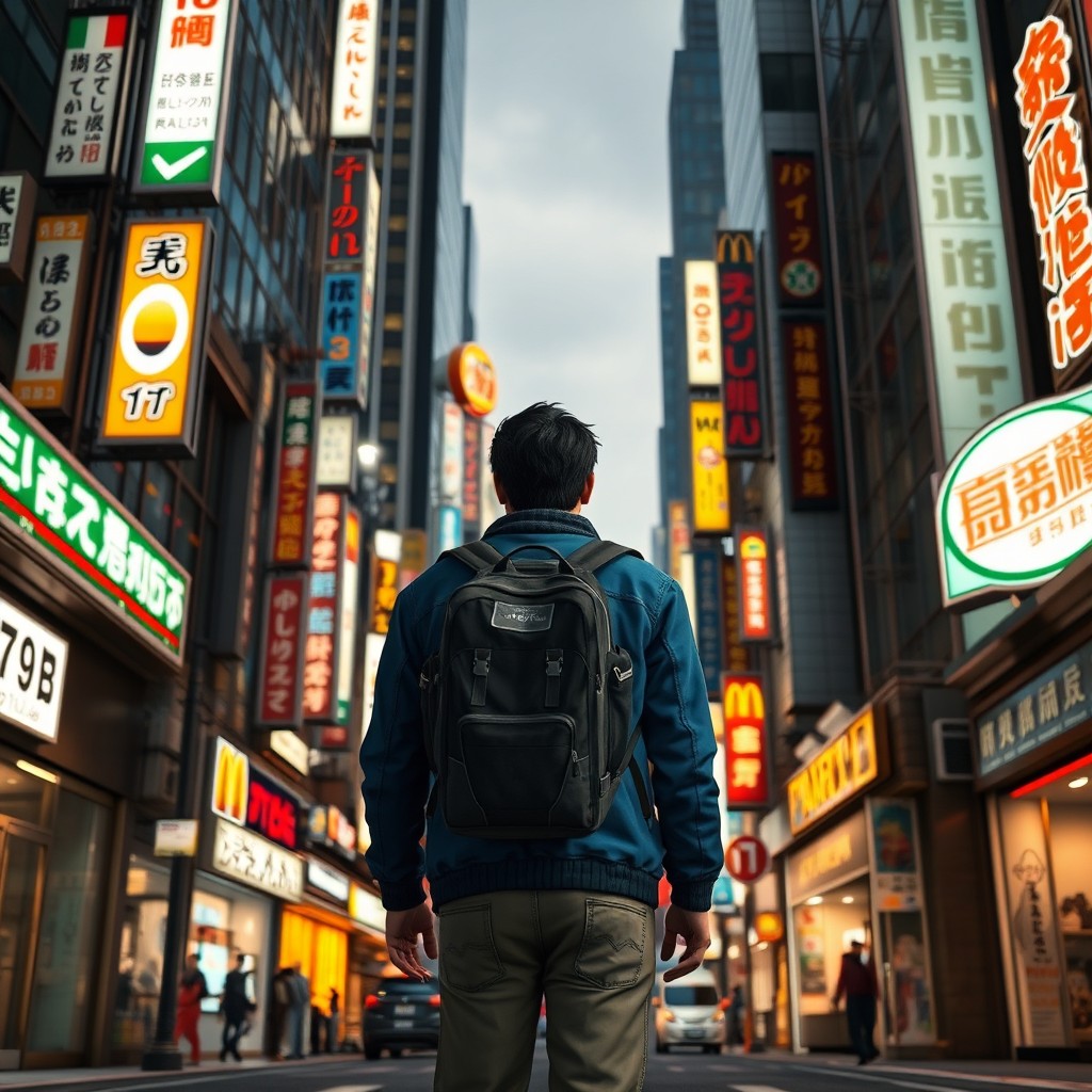 A highly detailed 3rd person RPG game screenshot, featuring the player character, a modern civilian from behind, dressed in a blue jacket, beige pants, and wearing a black backpack