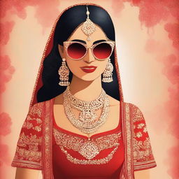 Animated image of a South Asian (Desi) bride in traditional wedding attire, wearing a vibrant red lehenga and black sunglasses.