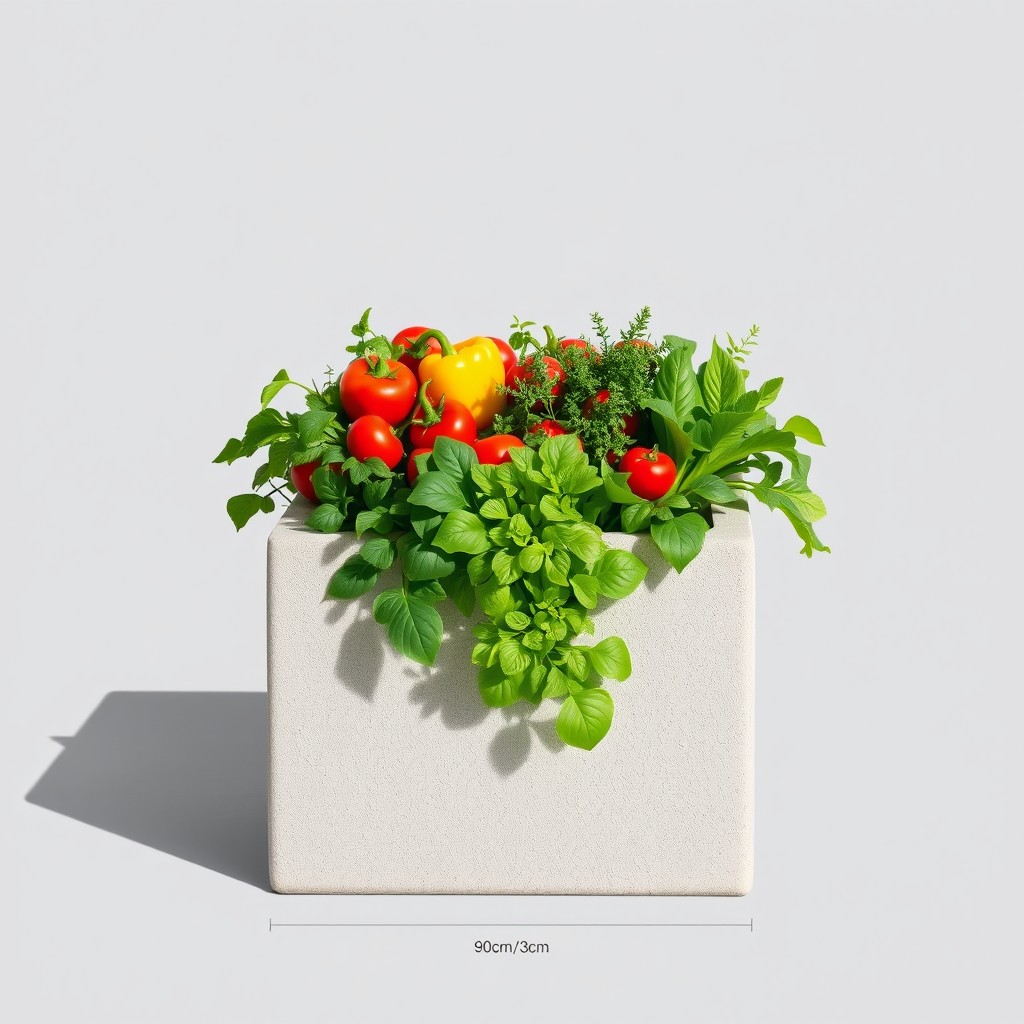 A realistic depiction of a cuboid planter box measuring 90cm in length, 90cm in width, and 32cm in height, made from plain, smooth cement