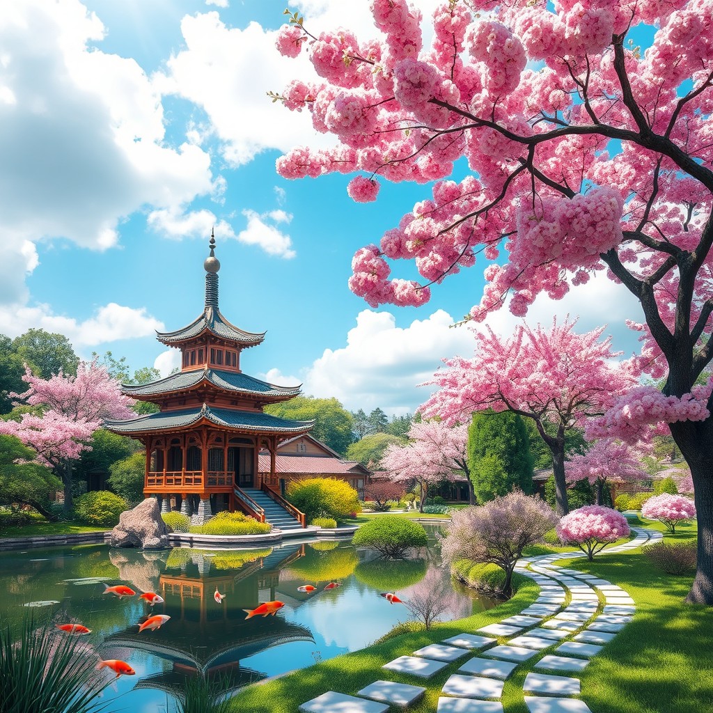 A serene and tranquil landscape featuring a beautiful Asian-inspired garden
