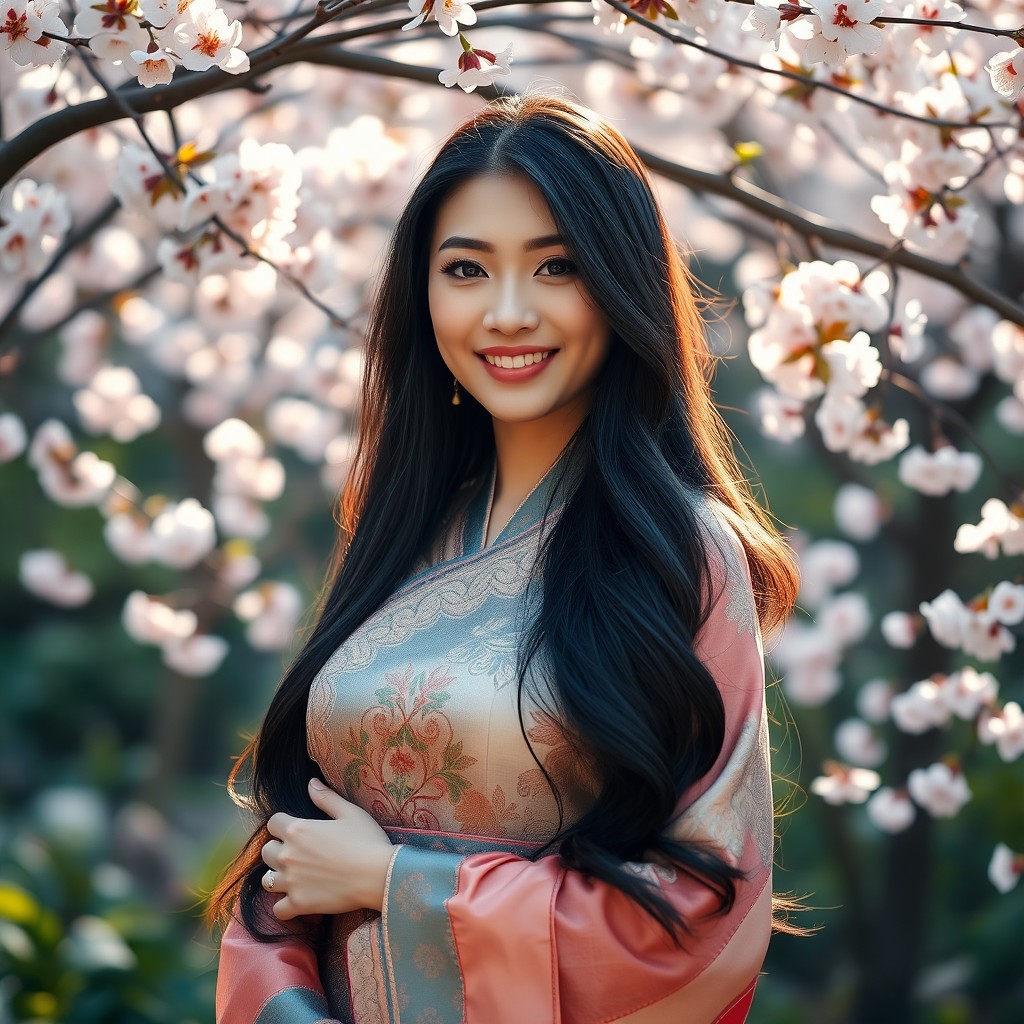 A stunning portrait of an Asian woman with long, flowing black hair, wearing a beautiful traditional silk dress with intricate patterns, standing gracefully in a serene garden filled with blooming cherry blossoms