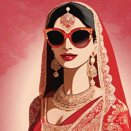 Animated image of a South Asian (Desi) bride in traditional wedding attire, wearing a vibrant red lehenga and black sunglasses.