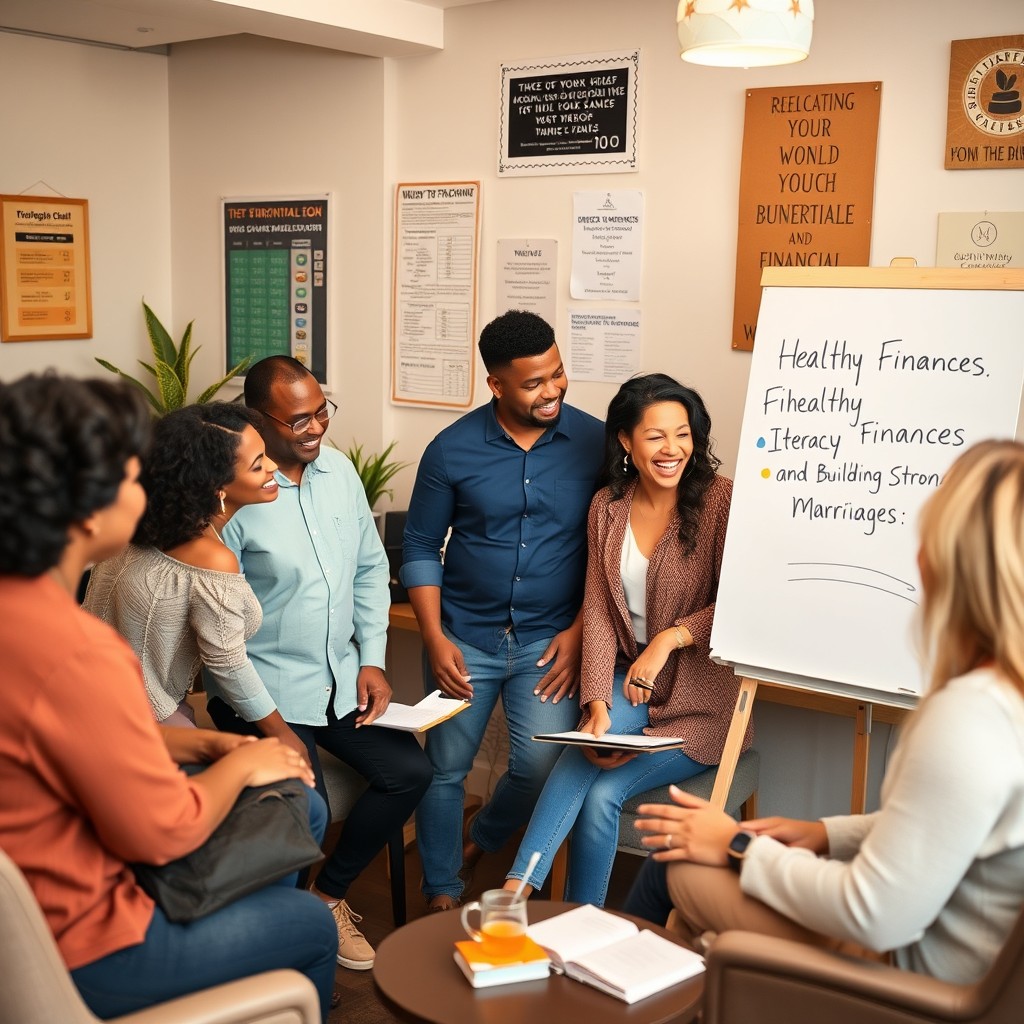 A warm and inviting workshop setting featuring a diverse group of couples engaged in a financial literacy class