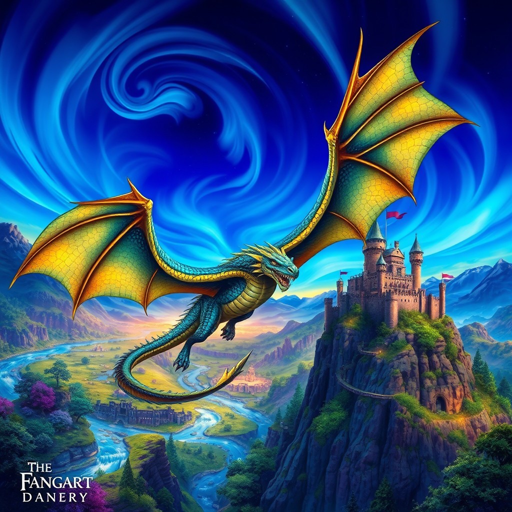 A vivid and imaginative cover for a fantasy novel, featuring a majestic dragon soaring above a mystical landscape filled with enchanted forests, ancient ruins, and sparkling rivers