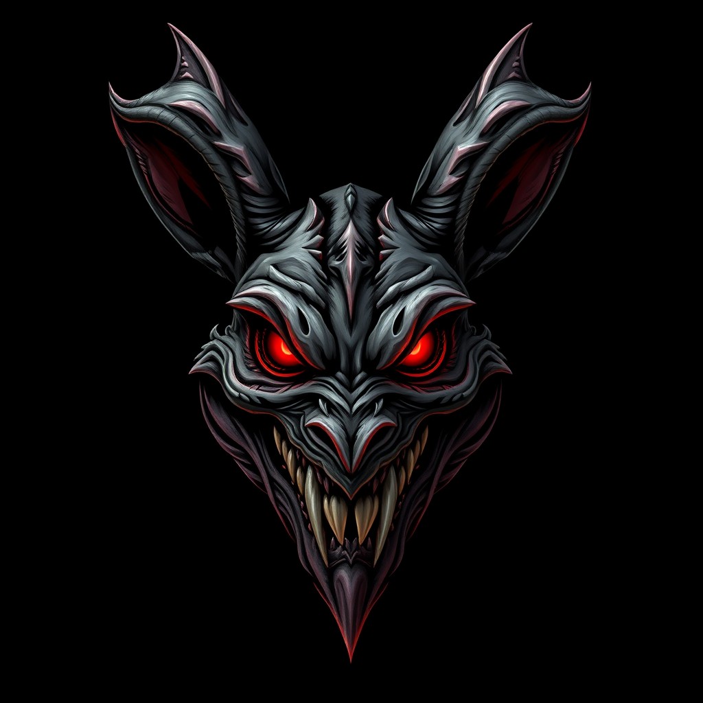 A symmetrical monster head resembling an evil rabbit, with striking features that include glowing bright red eyes