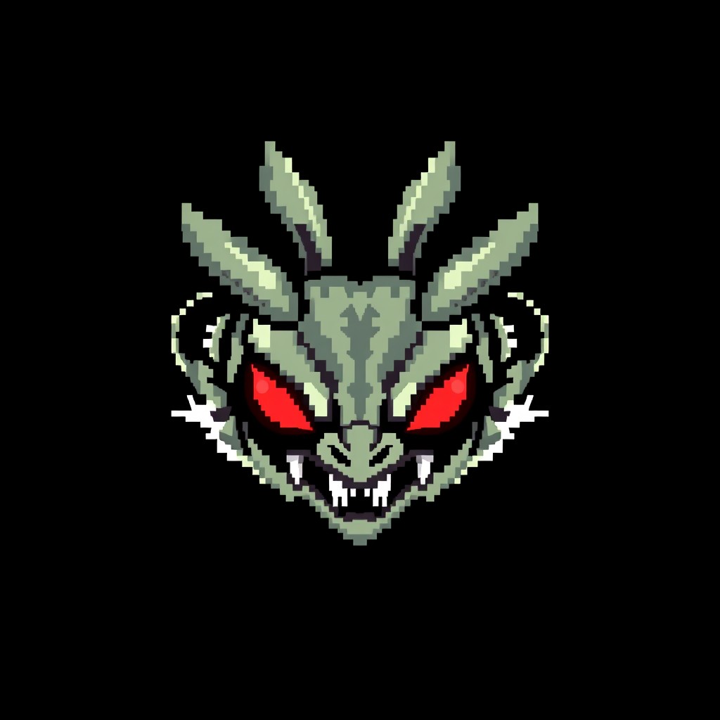 A symmetrical monster head designed in pixel art style, resembling an evil rabbit with distinctive features including sharp teeth and glowing bright red eyes