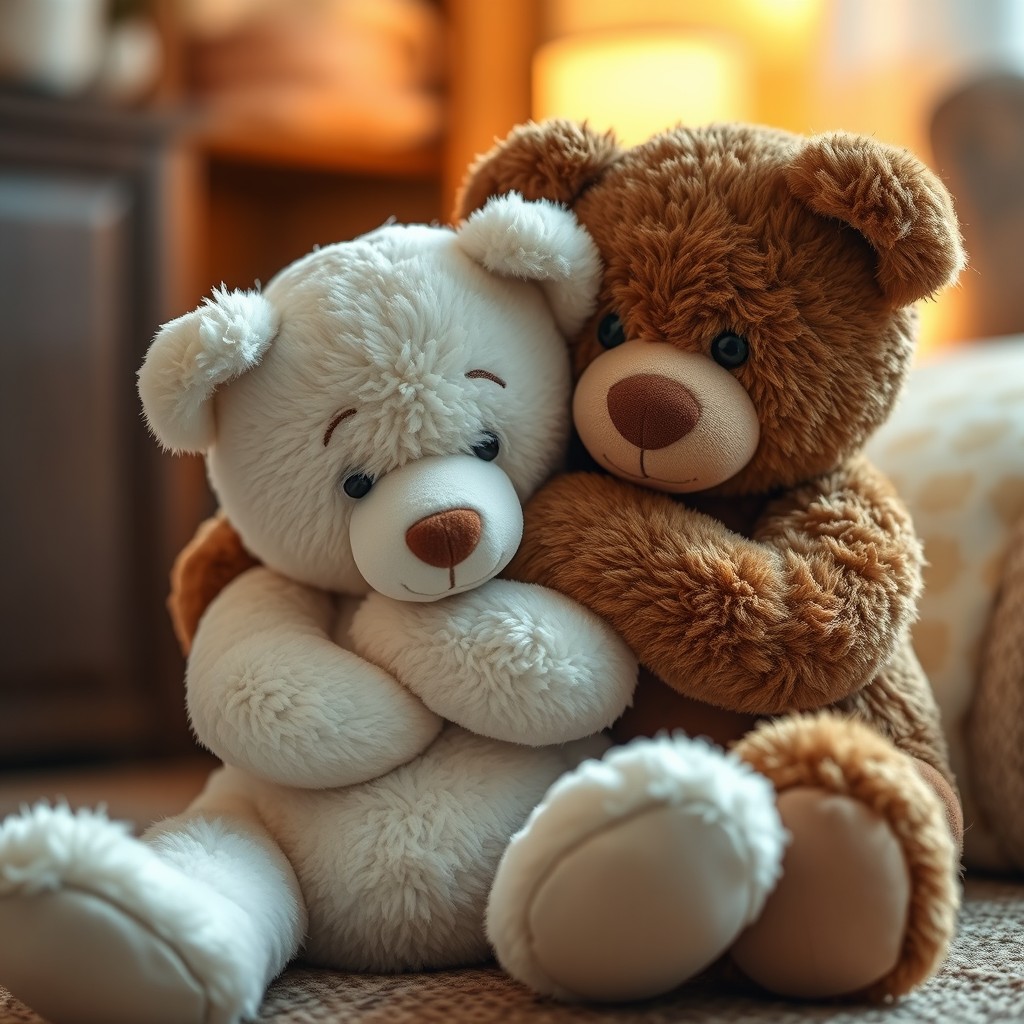 A heartwarming scene featuring a pair of teddy bears, one white and one brown