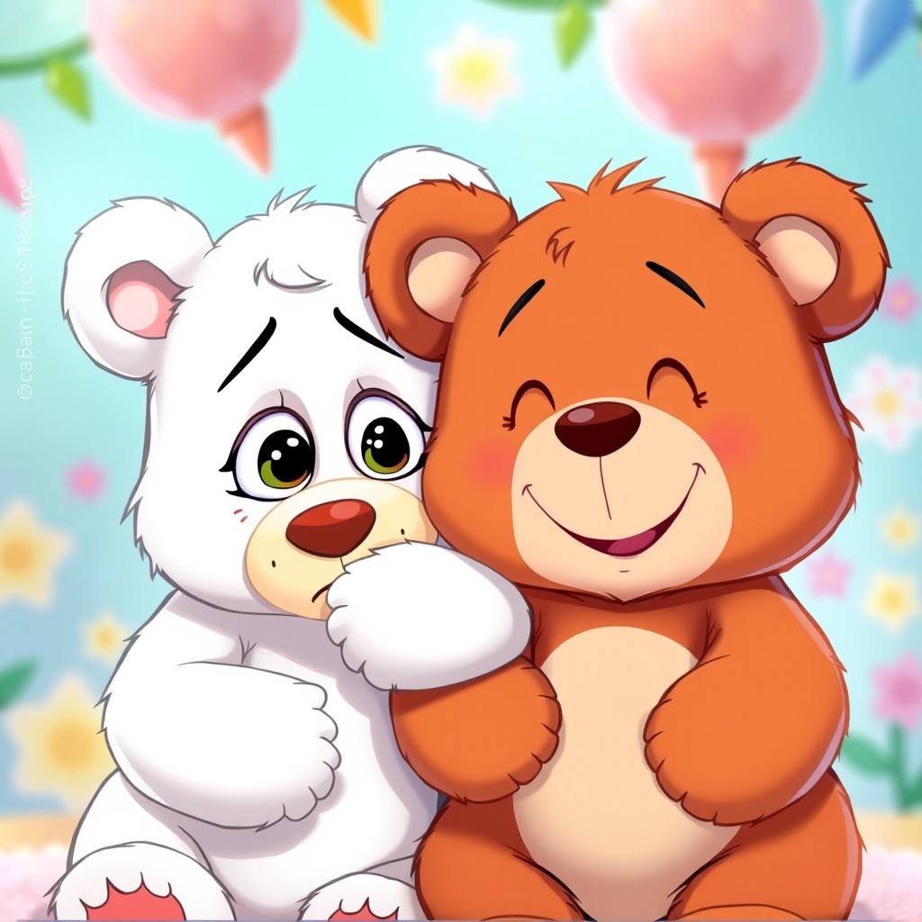 An animated scene featuring a pair of teddy bears, one white and one brown