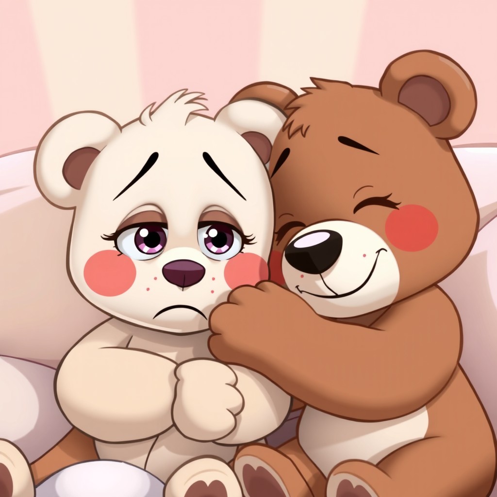 A pair of cartoon-style animated teddy bears, one white and one brown