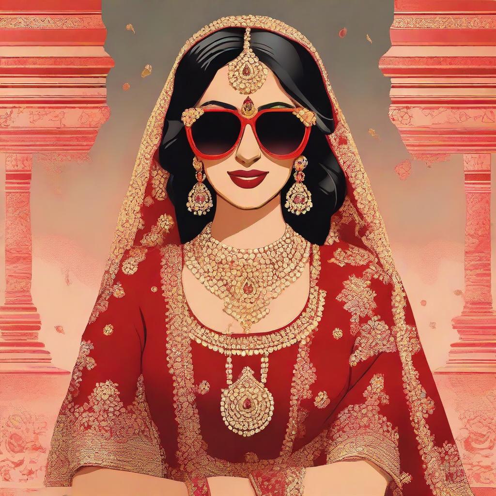 Animated image of a South Asian (Desi) bride in traditional wedding attire, wearing a vibrant red lehenga and black sunglasses.