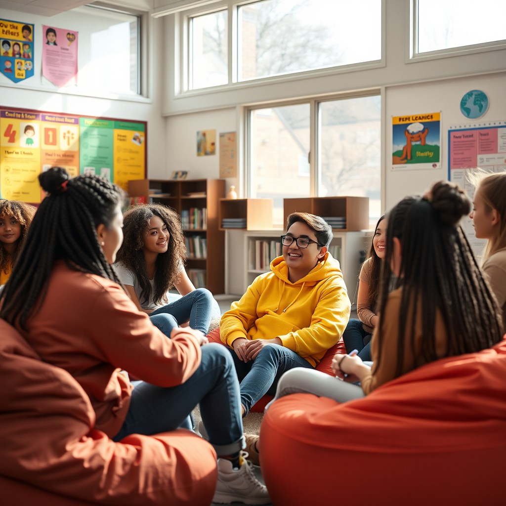 A vibrant and engaging image depicting a group of diverse high school students participating in a peer counseling session