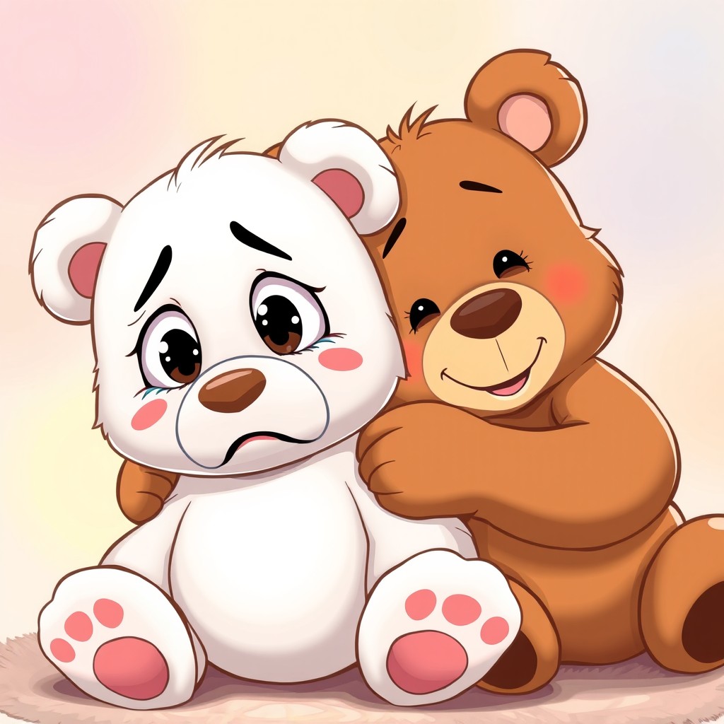 A pair of cartoon-style animated teddy bears, one white and one brown