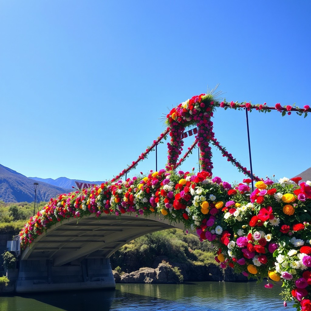 A picturesque scene of the Yala Bridge in Jujuy, Argentina, adorned with colorful flowers in full bloom, creating a vibrant and festive atmosphere