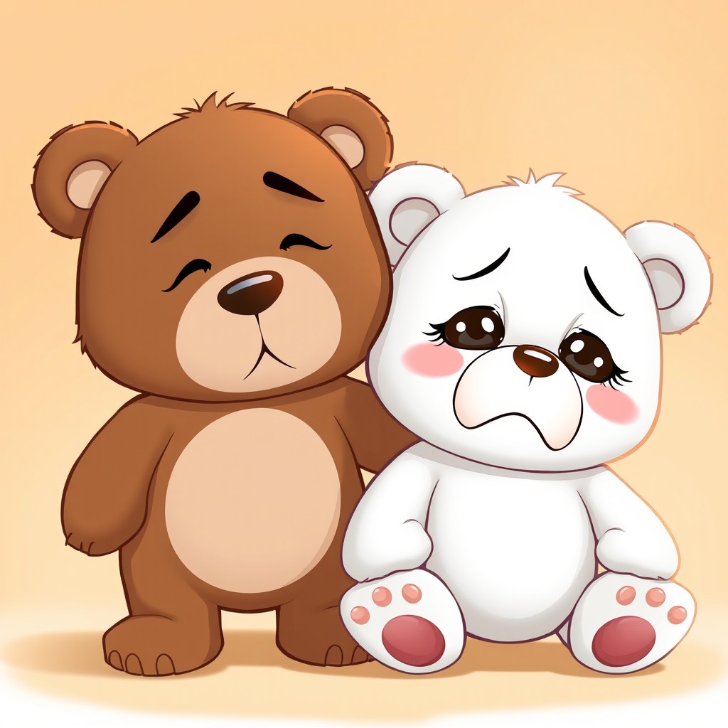 A pair of animated caricature teddy bears, one white and one brown