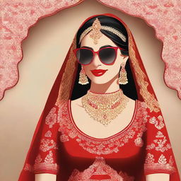 Animated image of a South Asian (Desi) bride in traditional wedding attire, wearing a vibrant red lehenga and black sunglasses.