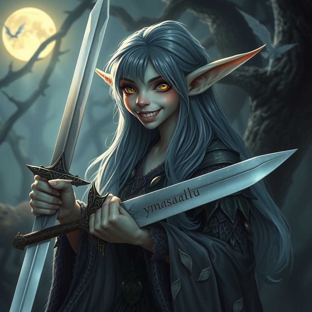 An elf with long, drooping ears and sharp teeth, holding a sword inscribed with the name 'Эншаэль'
