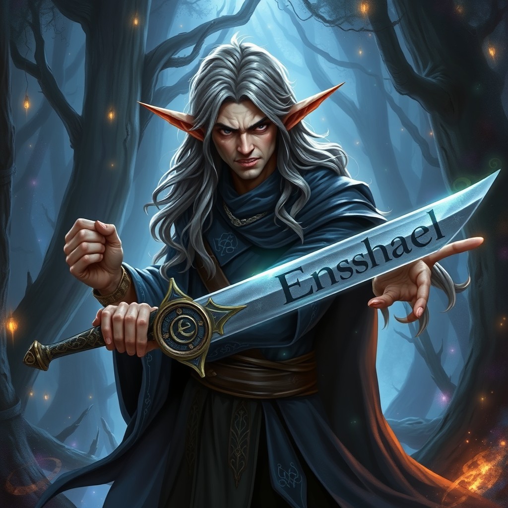 A male elf wizard with long, sharp, drooping ears and pronounced teeth, wielding a sword inscribed with the word 'Enshael'
