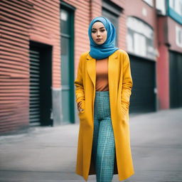 A fashionable hijabi woman confidently wearing modern, vibrant streetwear set in an urban landscape.