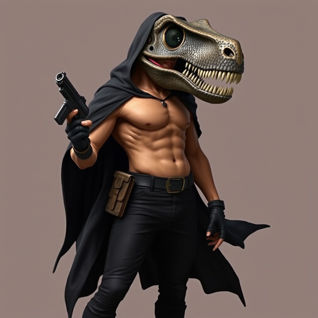 An intriguing character with smooth peach skin partially obscured by a menacing Tyrannosaurus skull mask, giving them a fierce and primal appearance