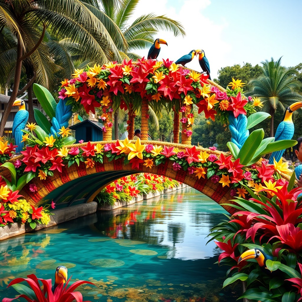 A vibrant and colorful design of a decorative float resembling a bridge inspired by the local bridge in Yala