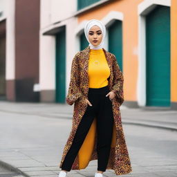 A fashionable hijabi woman confidently wearing modern, vibrant streetwear set in an urban landscape.