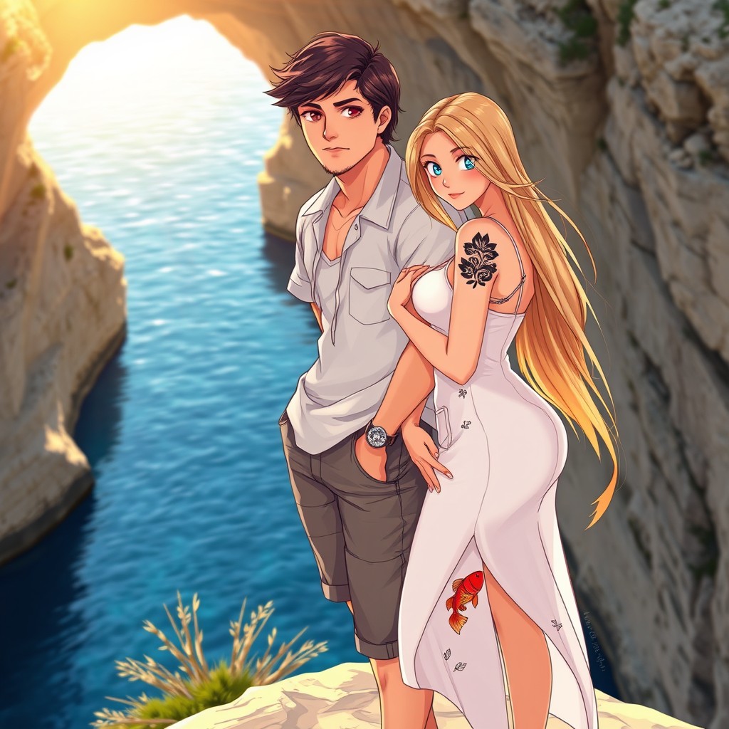 An anime-style illustration of a couple standing on a cliff in front of a stunning Maltese blue grotto cave