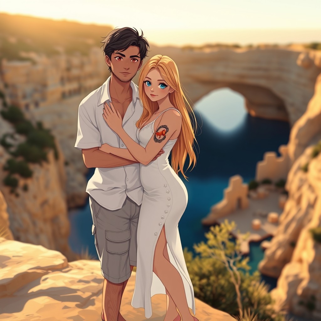 A Ghibli-style anime illustration of a couple standing on a cliff overlooking the beautiful Maltese blue grotto cave