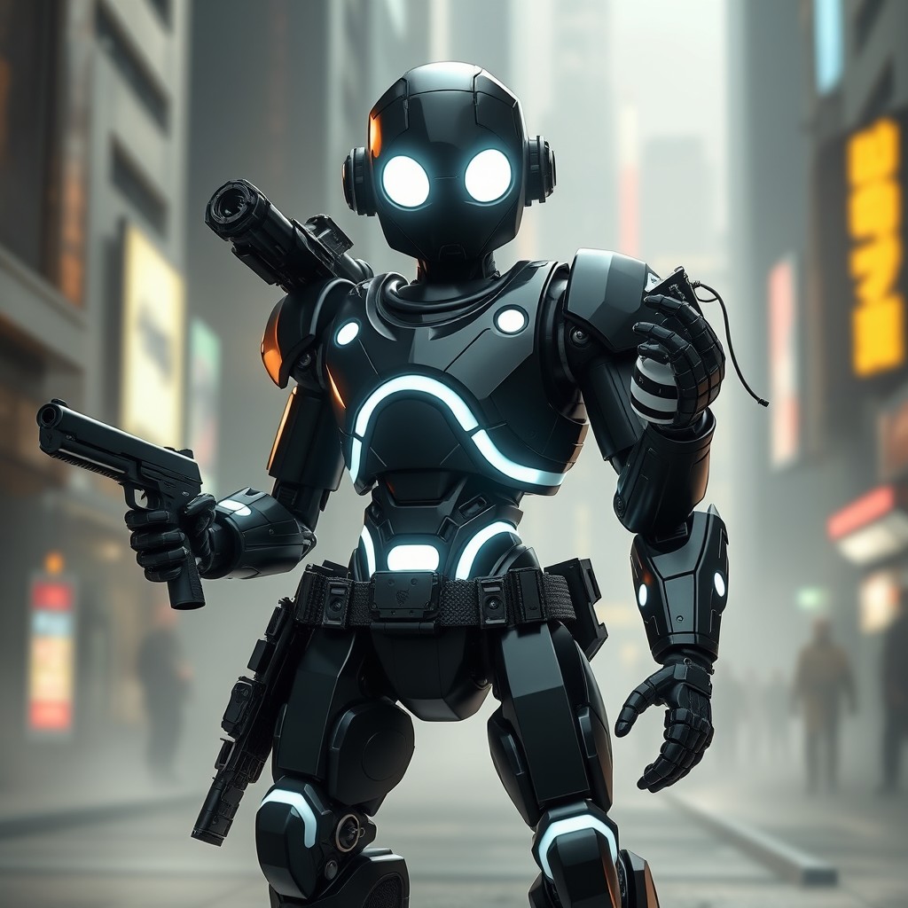 A formidable droid character featuring a sleek black head adorned with glowing white eyes that emit an intense, futuristic light