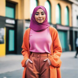 A fashionable hijabi woman confidently wearing modern, vibrant streetwear set in an urban landscape.