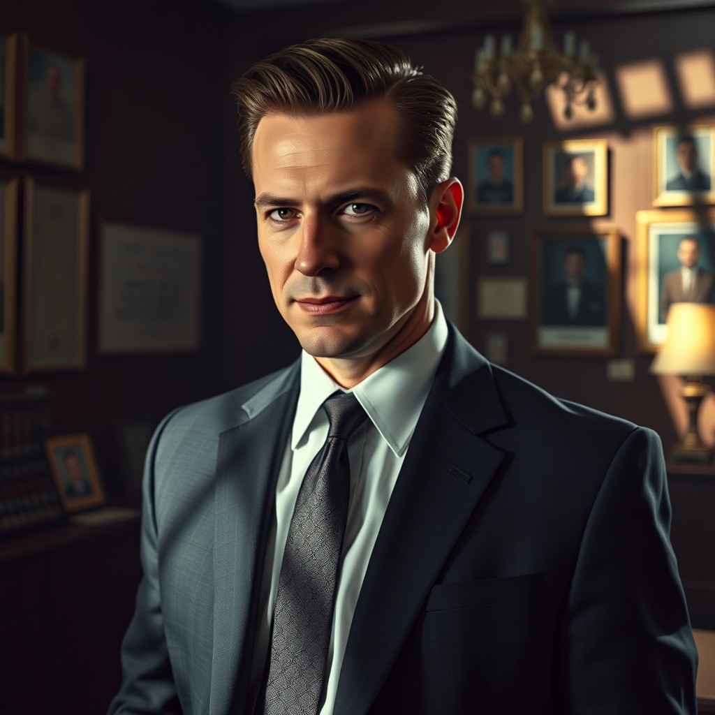 A hyper-realistic portrait of a narcissistic male high school principal, set in a dimly lit, atmospheric office filled with dark wood furnishings